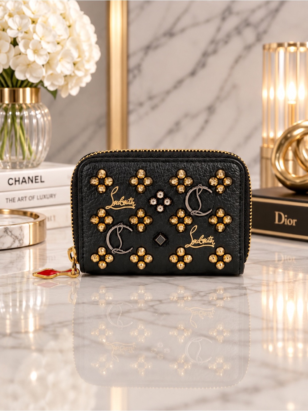 Christian Louboutin Black Leather Studded Compact Zip Wallet | COA + Dust Bag